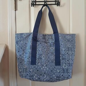 Victoria's Secret Reversible Canvas Tote Bag Blue Bandana Paisley Print Boho